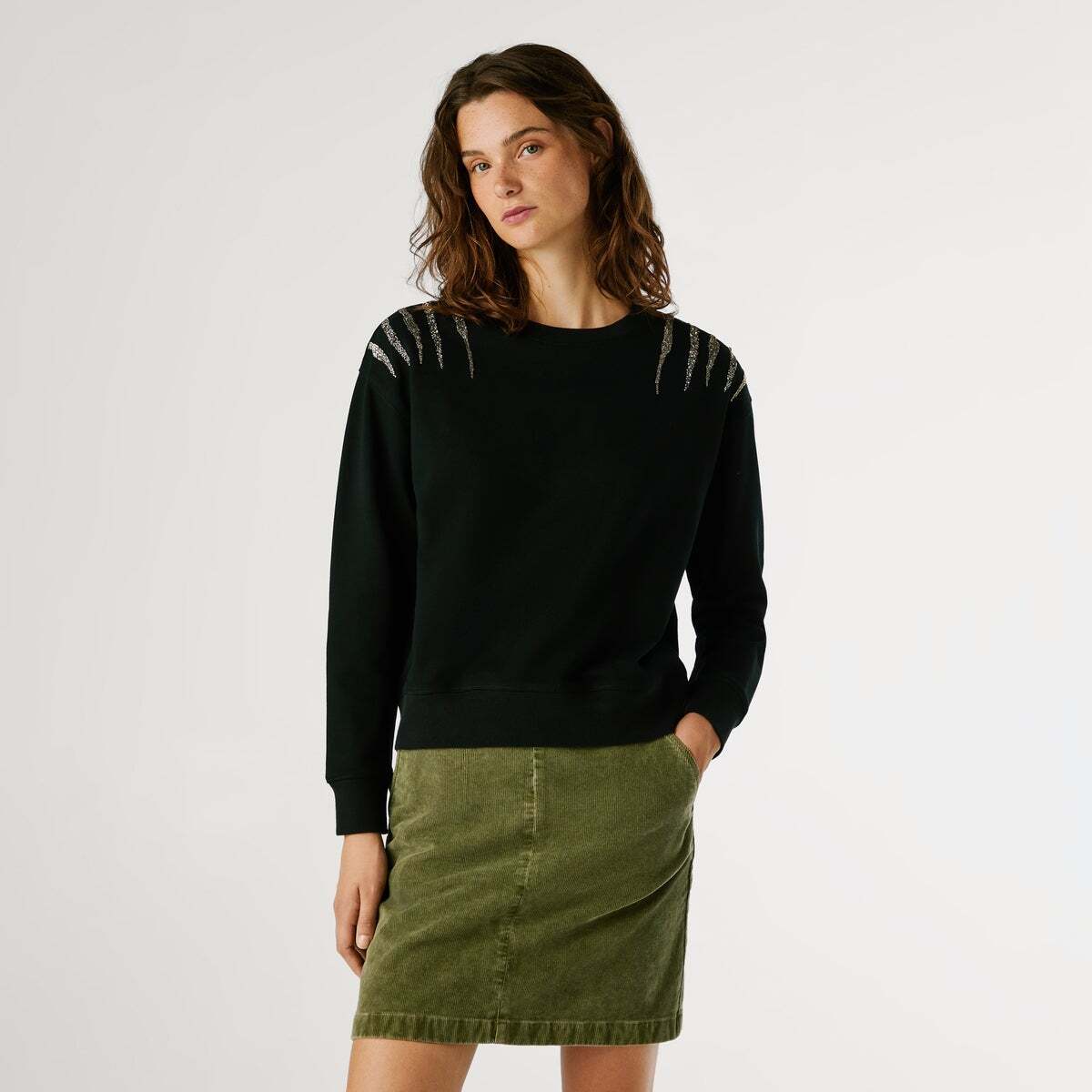 Sweat-Shirt À Col Rond Avec Détails En Strass noir, PEPE JEANS