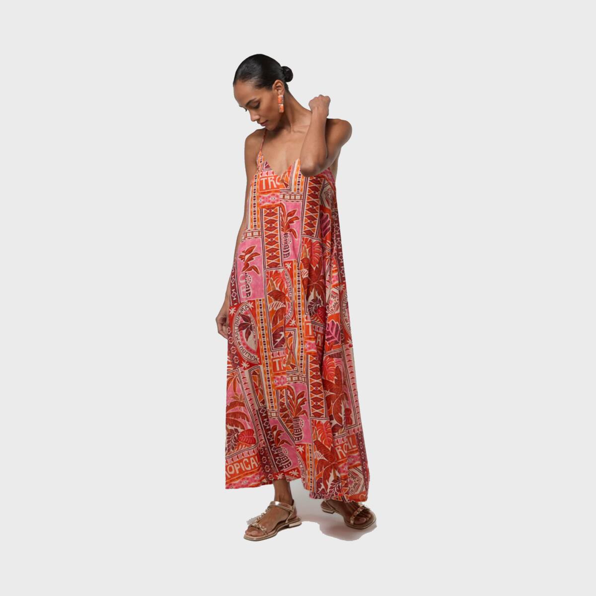 Robe longue imprimée à fines bretelles et coupe fluide corail, LOLA CASADEMUNT