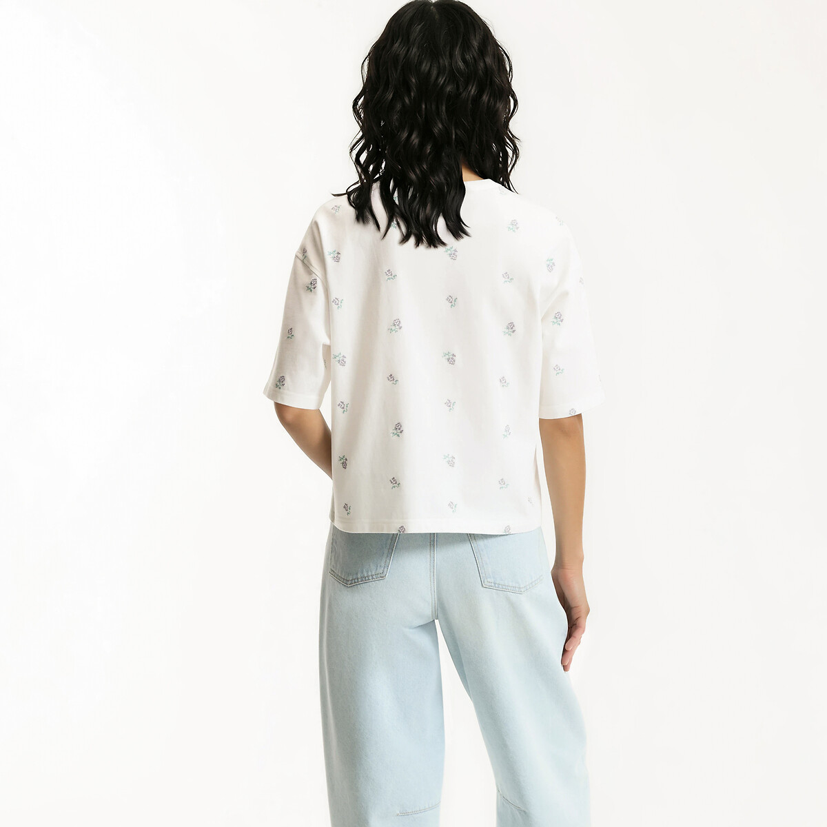 T-shirt a maniche corte con ricamo floreale e scollo rotondo ecru , LA REDOUTE COLLECTIONS
