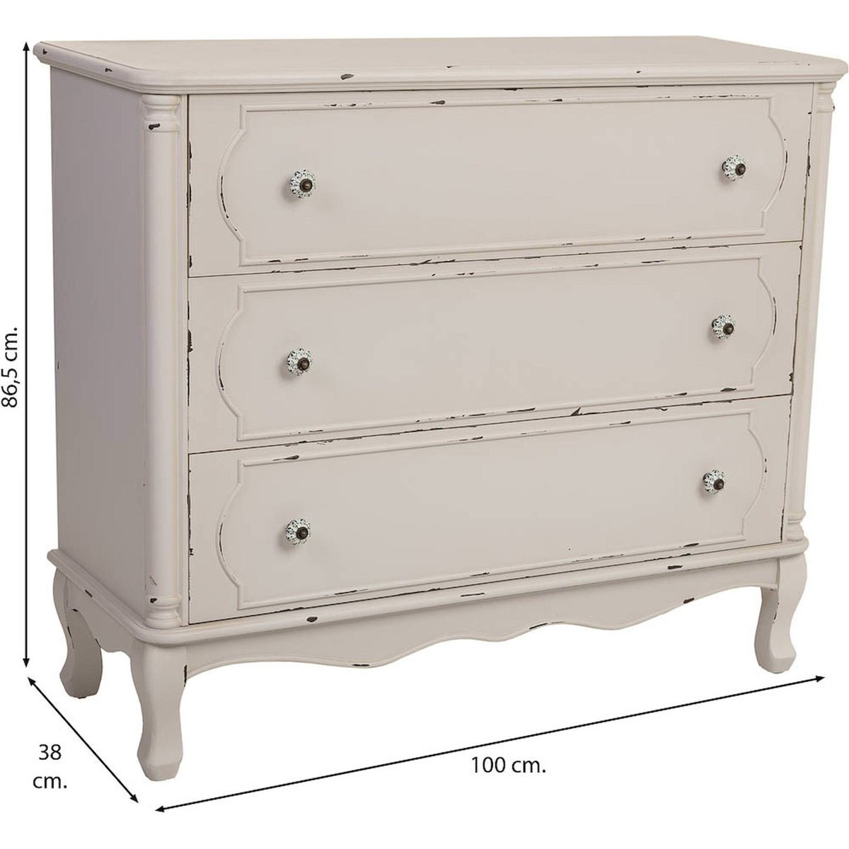 Commode en bois style vintage rectangulaire blanc antique patiné romantique, RECOLLECTION