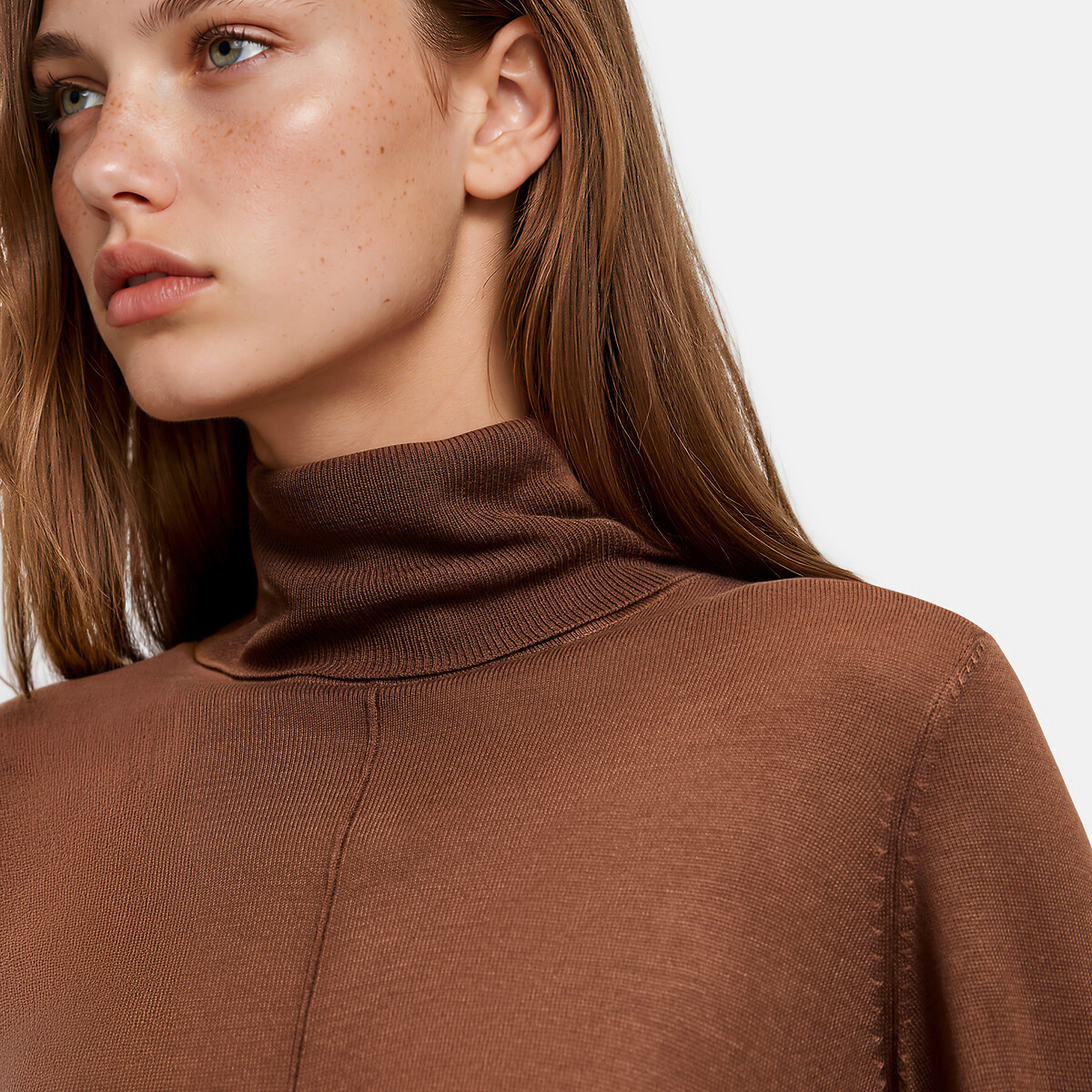 Jersey con cuello vuelto de punto fino marrón, LA REDOUTE COLLECTIONS