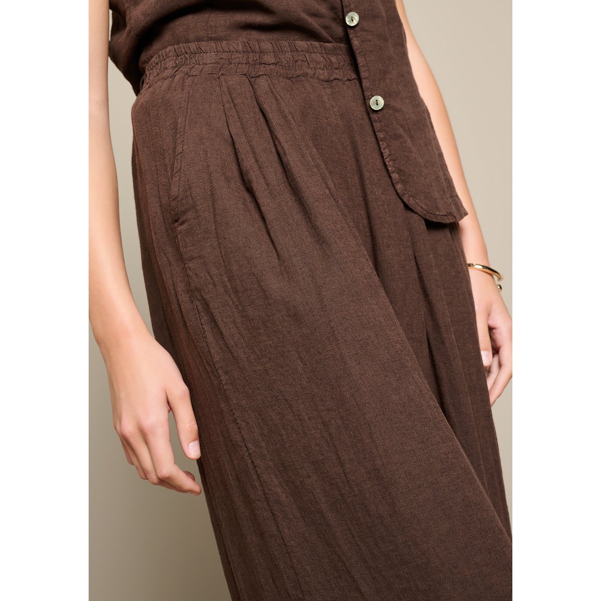 Pantalon large en lin brun fonce chocolate, LOLALIZA