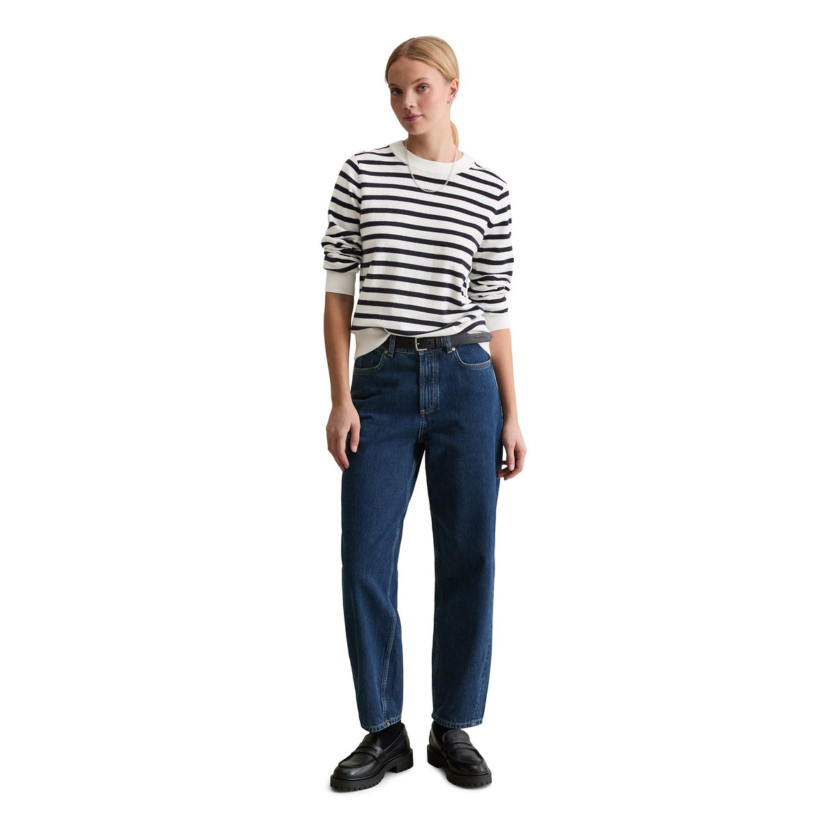 Pull-over rayé régulier en Soft Cotton Stretch bleu foncé, MARC O’POLO DENIM
