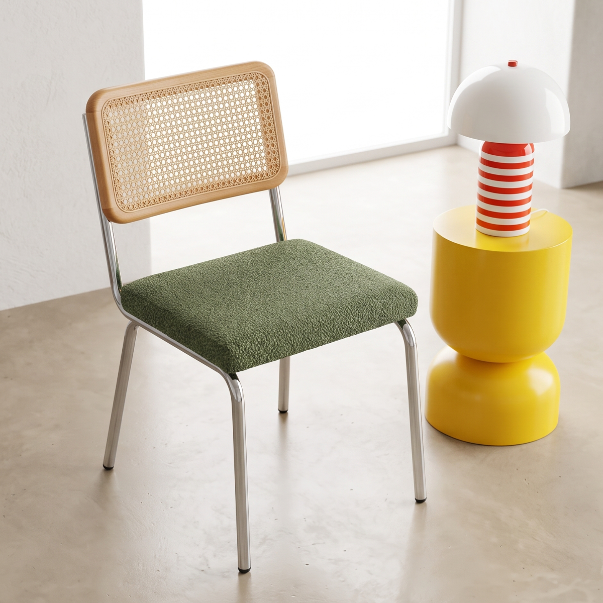 Lot de 2 chaises chromées, cannage et tissu bouclé - PAULA vert, HOMIFAB
