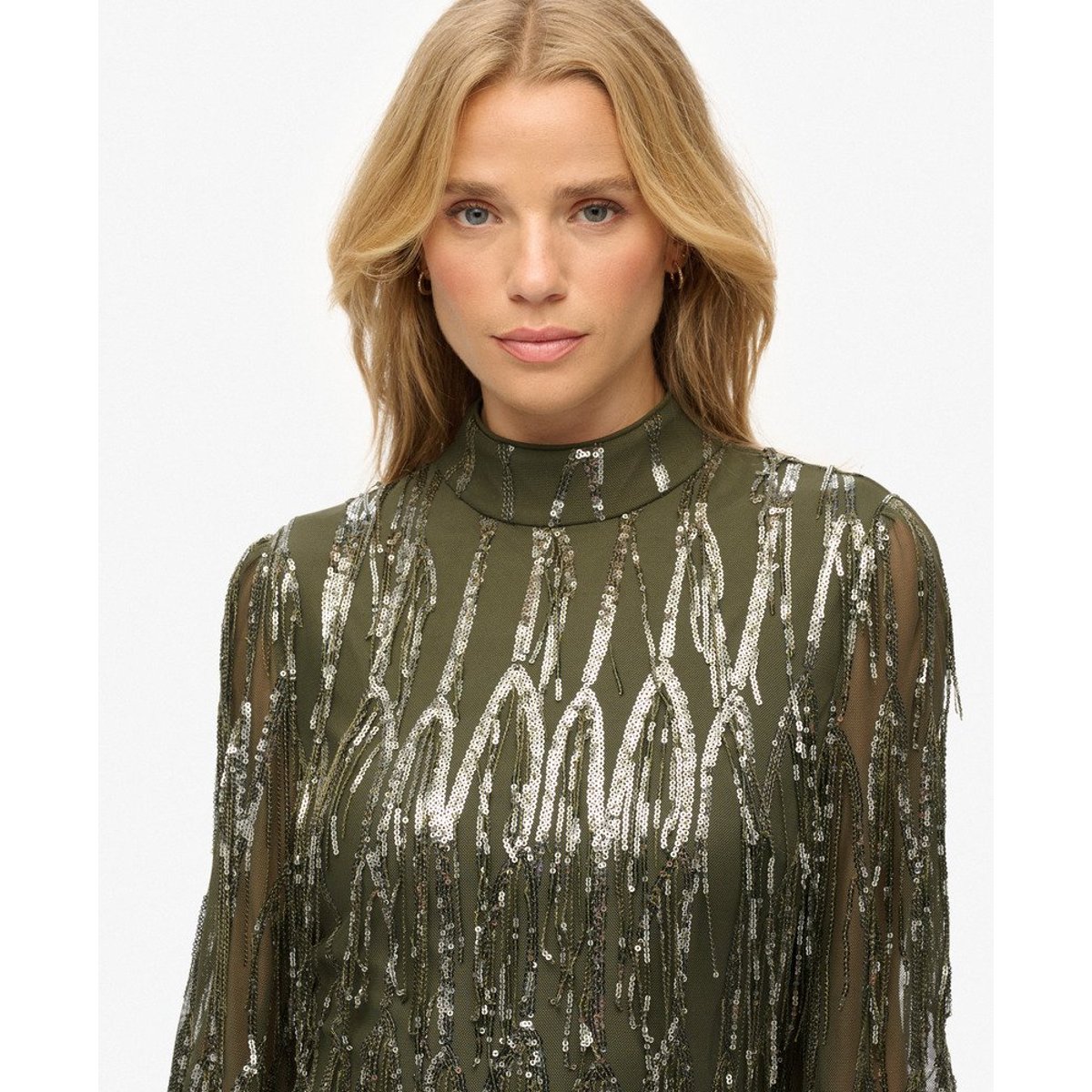 Robe courte à franges et sequins vert olive poudré, SUPERDRY