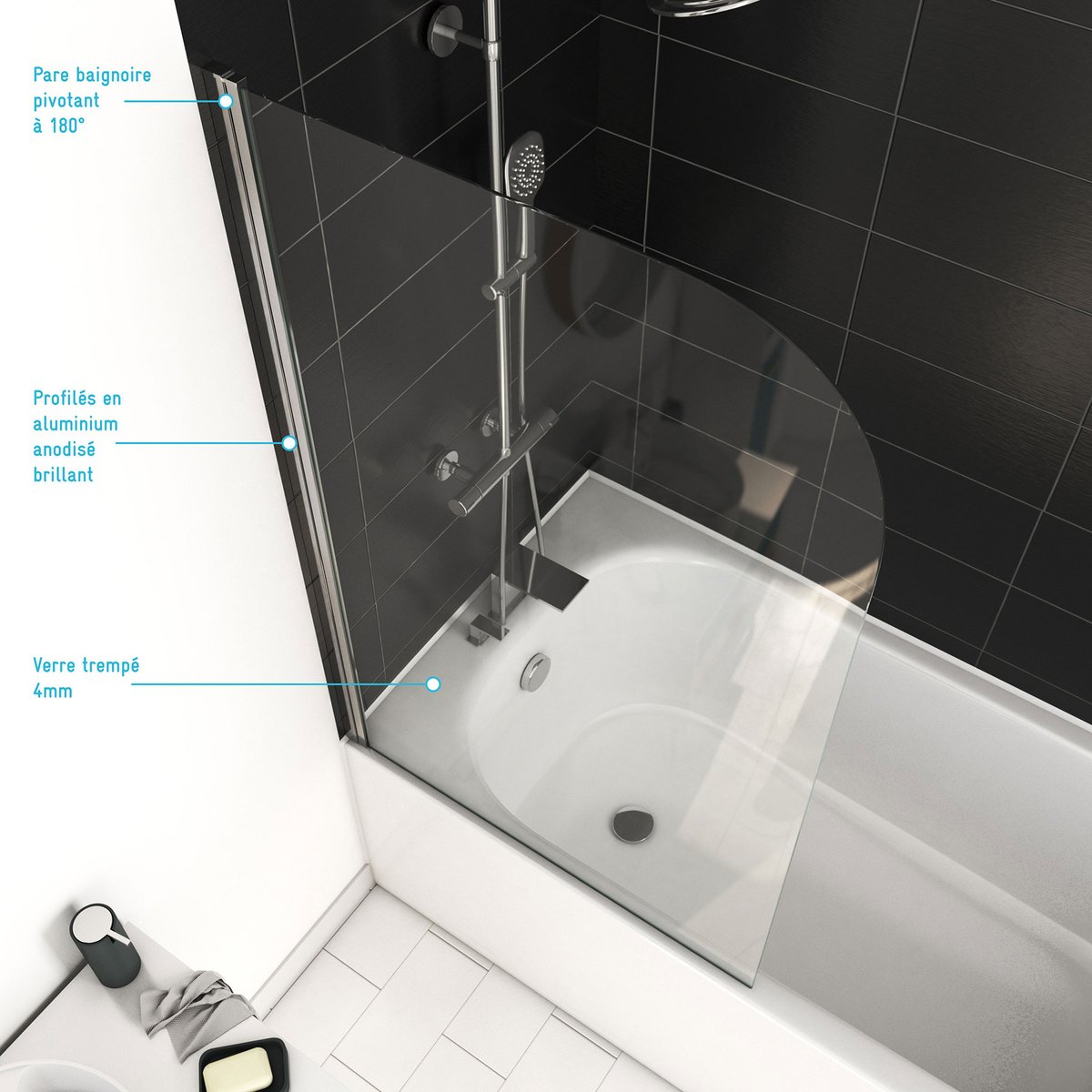 Pare baignoire pivotant courbé en verre trempé argent, HOME MAISON