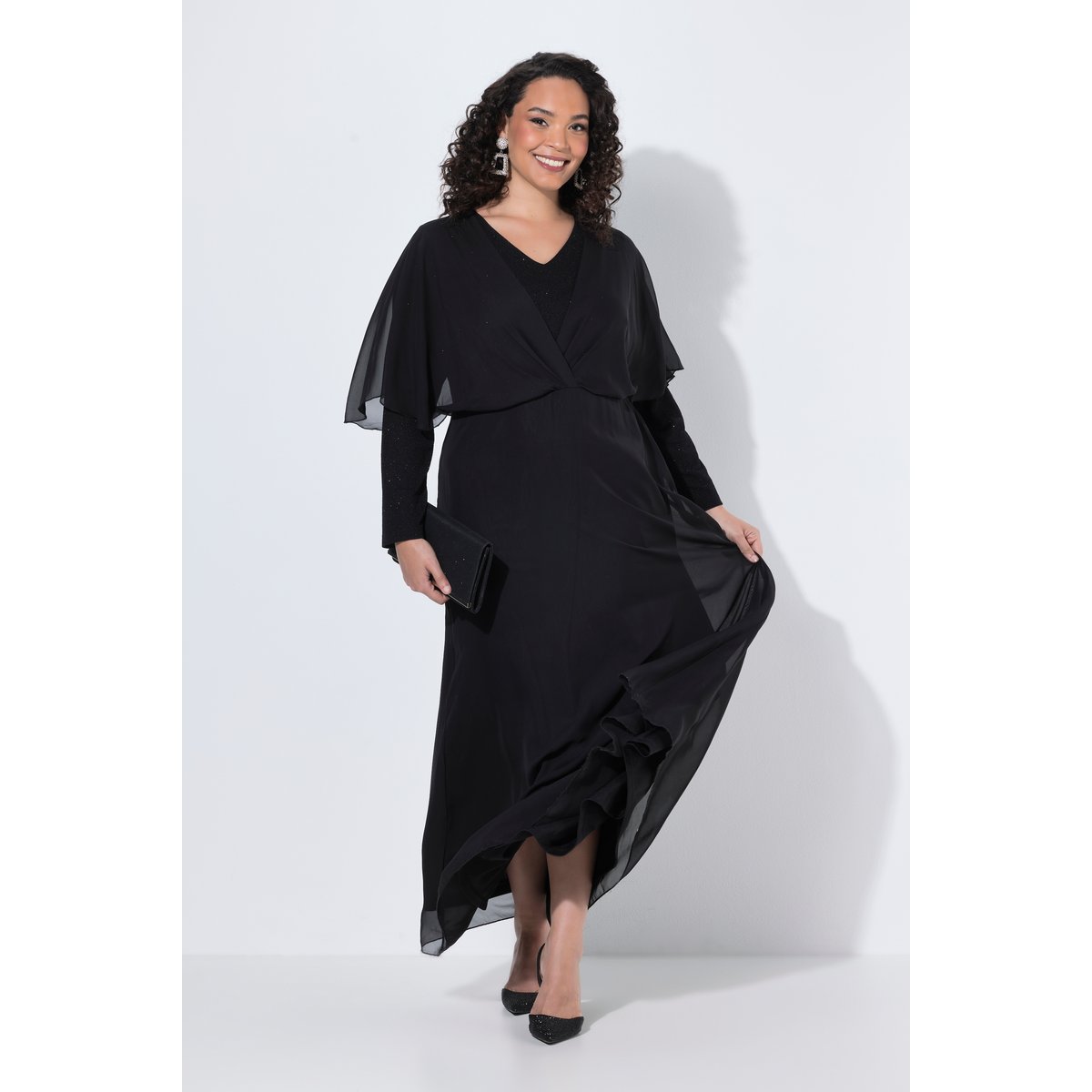 Robe maxi en mousseline, paillettes noir, ULLA POPKEN