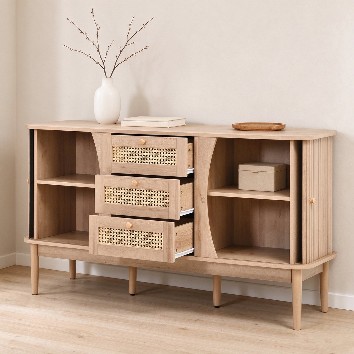 Armoire de rangement avec 2 portes 4 couches et 3 tiroirs ovale style scandinave, KIMIA Armoire chêne, MEUBLES COSY