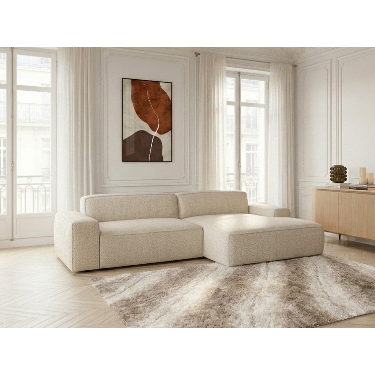Canapé d'angle convertible 3 places en tissu chiné, ABEL beige, BOBOCHIC