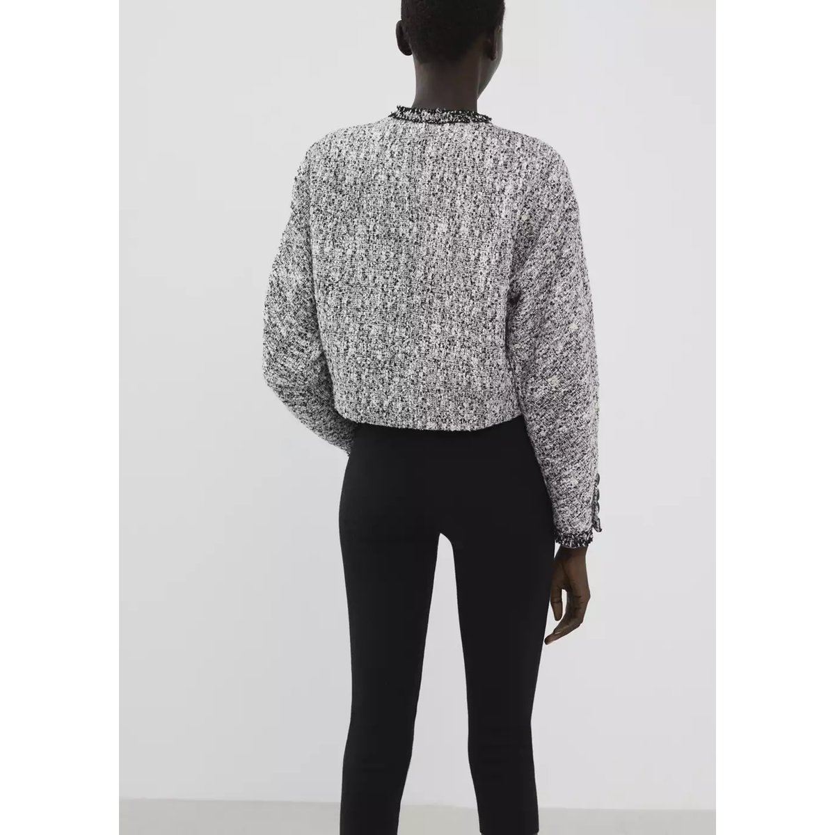 Veste tweed bords effilochés noir, MANGO