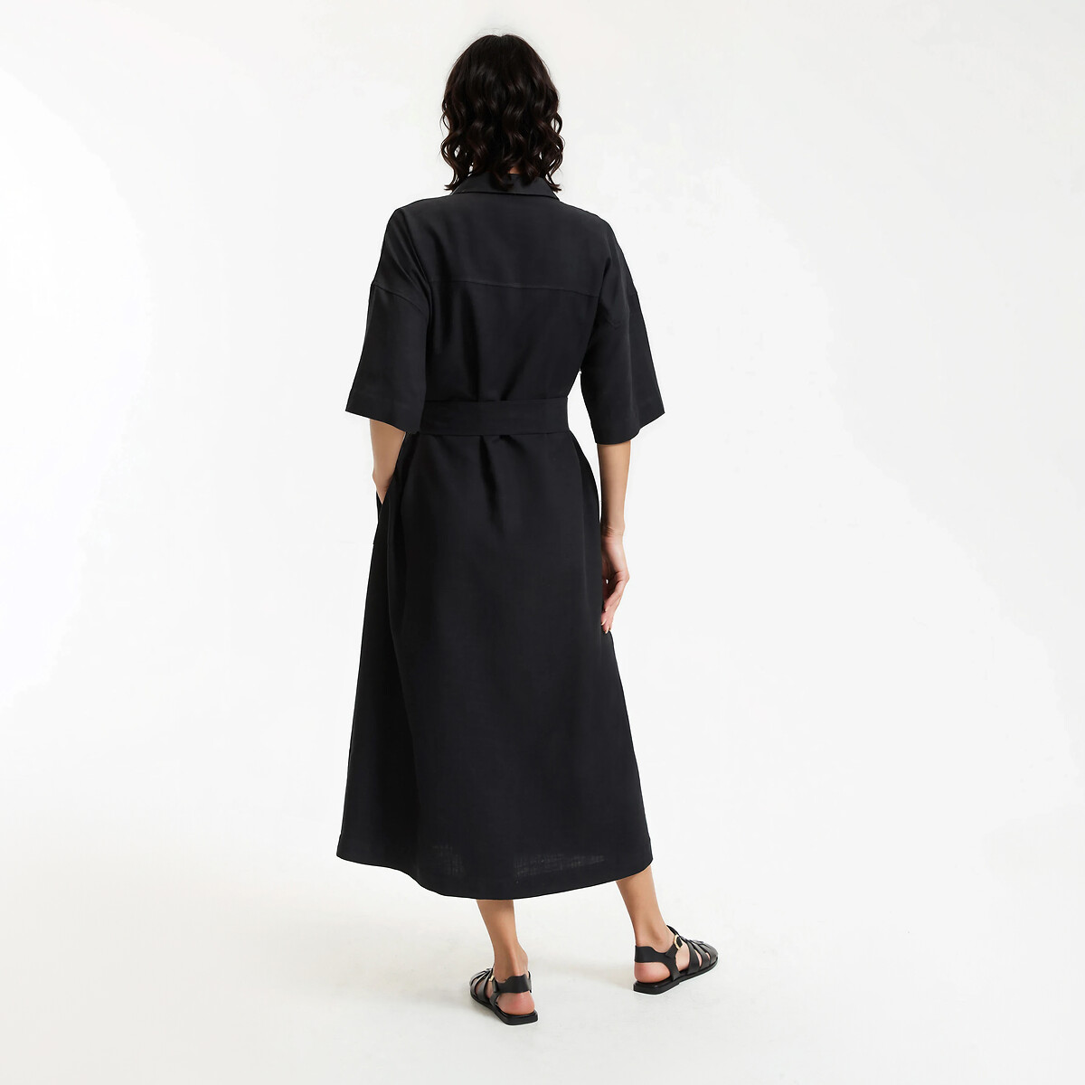 Lange overhemdjurk met elleboogmouwen met ceintuur zwart, LA REDOUTE COLLECTIONS