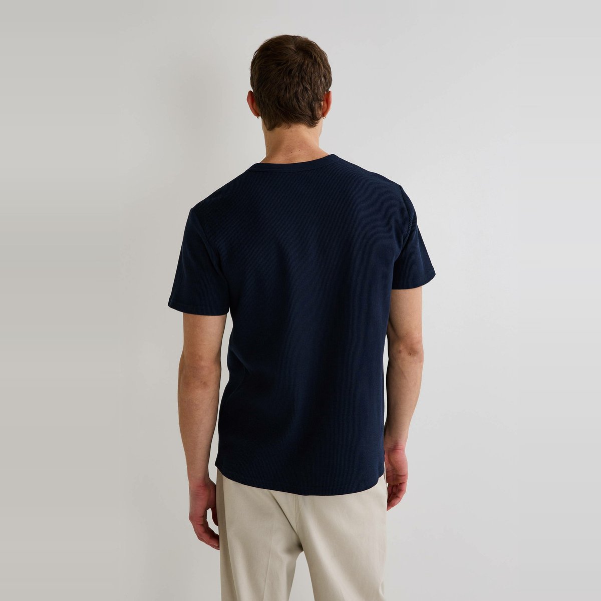 T-shirt manches courtes col tunisien gaufré en coton BIO GOTS marine, MONOPRIX