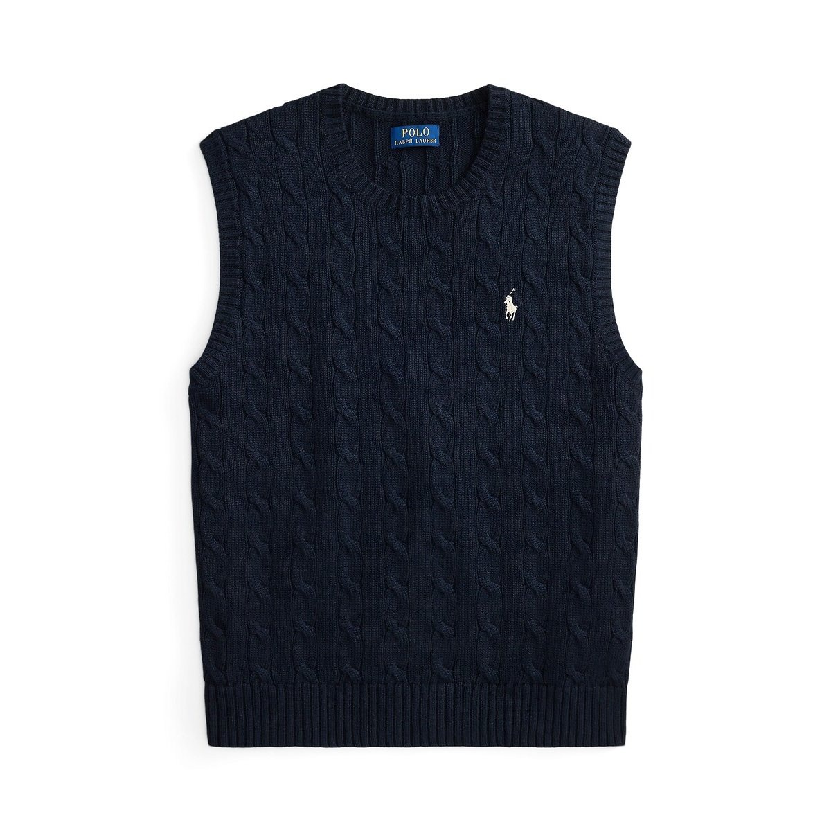 Pull sans manches, en maille torsadée bleu marine, POLO RALPH LAUREN