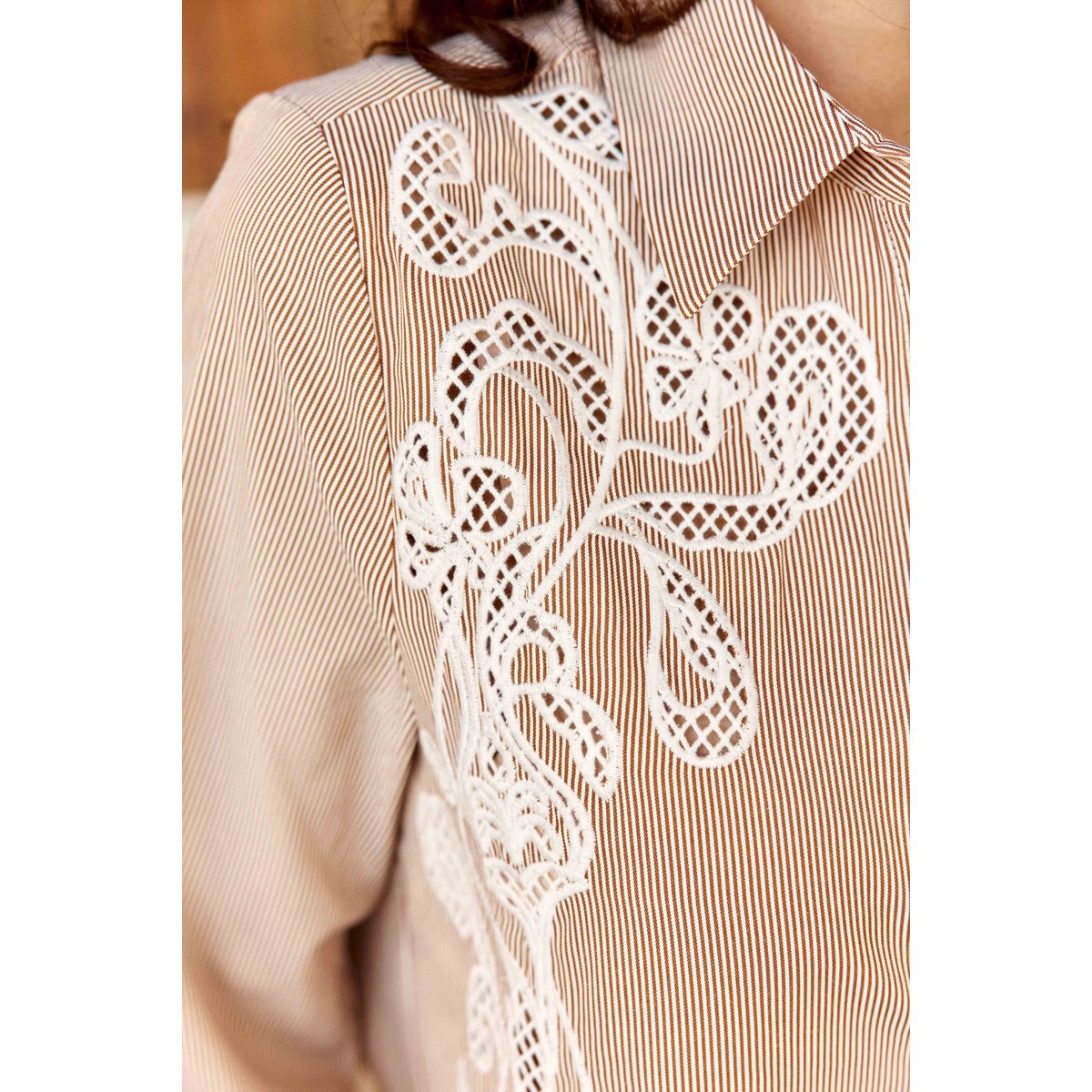 Chemisier manches longues col chemise imprimé à rayures CLEMA 15-ecru/camel, LA PETITE ETOILE