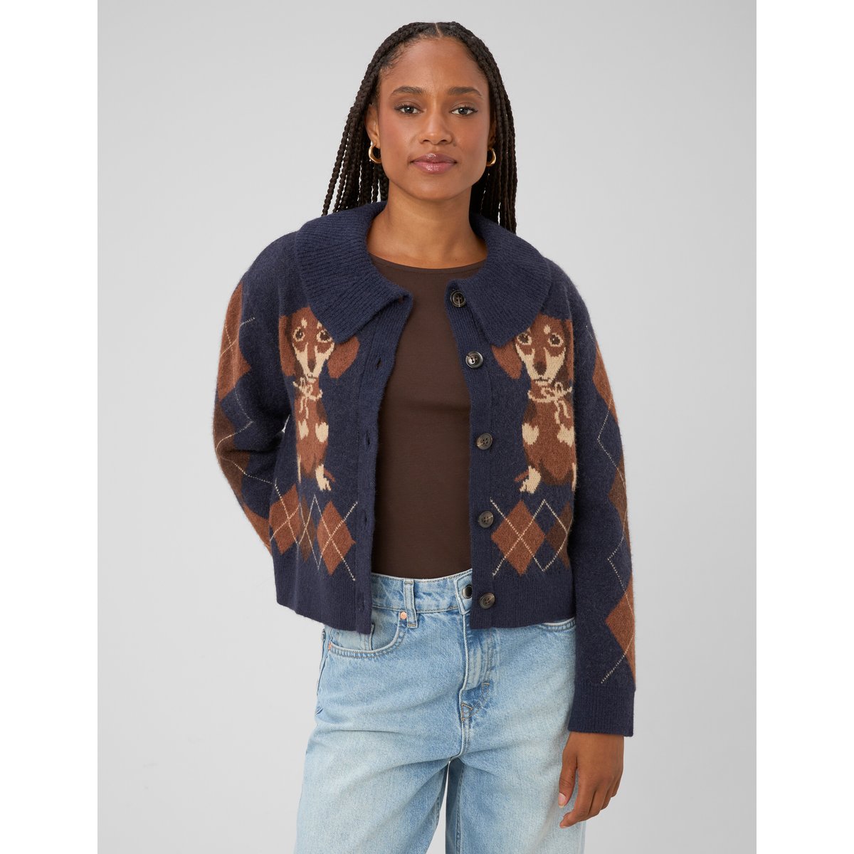 Cardigan jacquard boutonné bleu foncé, BZB