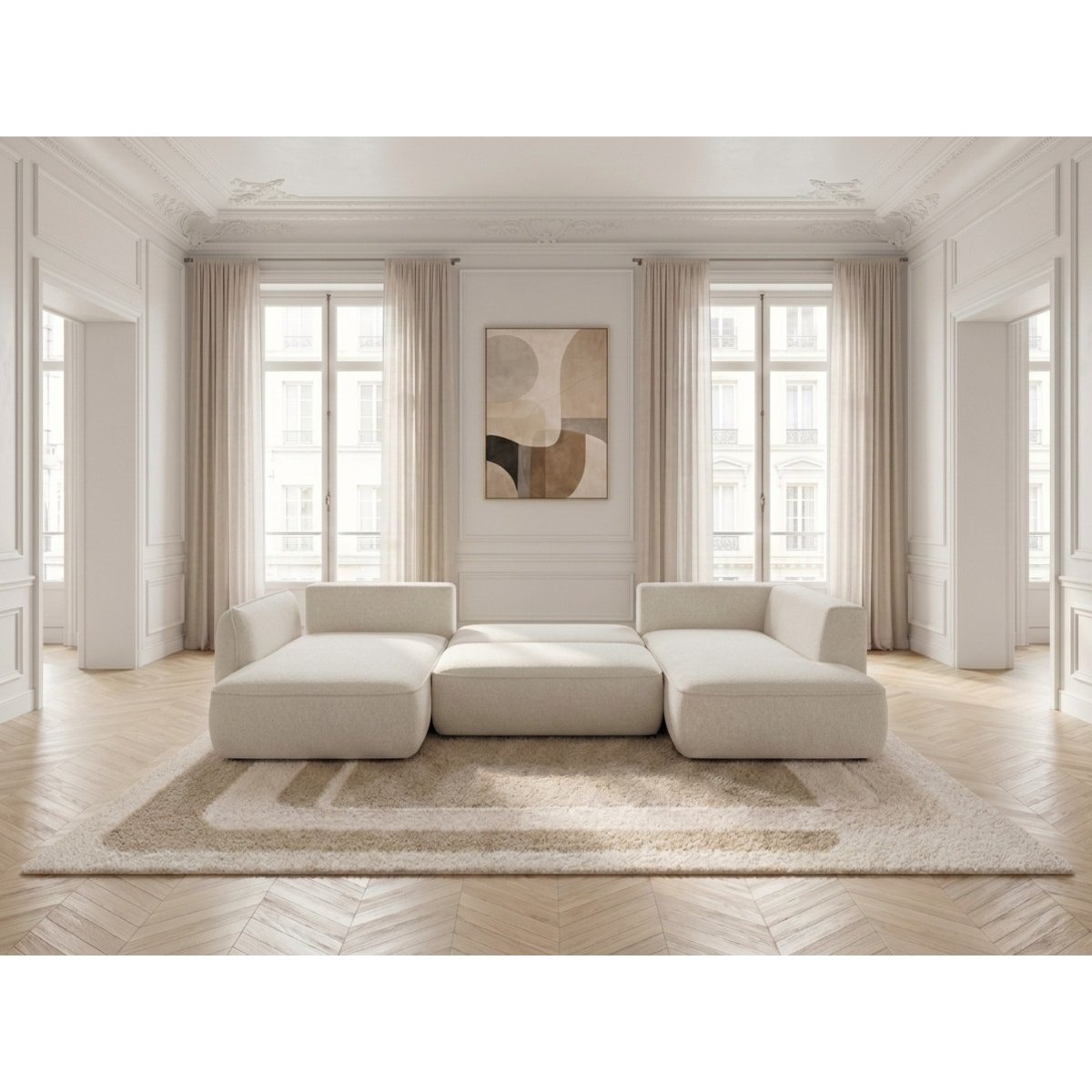 Canapé d'angle convertible 5 places en tissu chenille, ESMEE blanc, BOBOCHIC