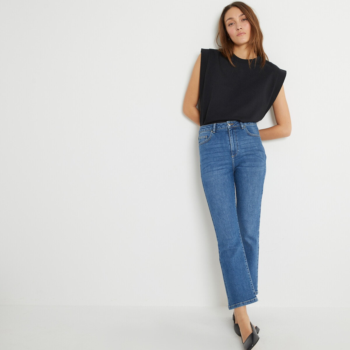 Kick Flare Jeans in Organic Cotton with High Waist, Length 26" stonewashed blue, LA REDOUTE COLLECTIONS
