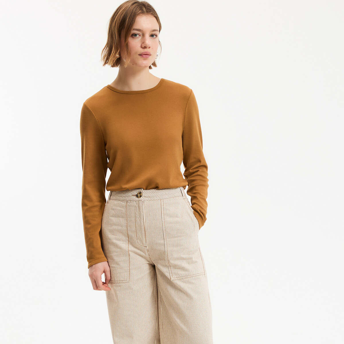 T-shirt fluide, col rond, manches longues marron noisette, LA REDOUTE COLLECTIONS