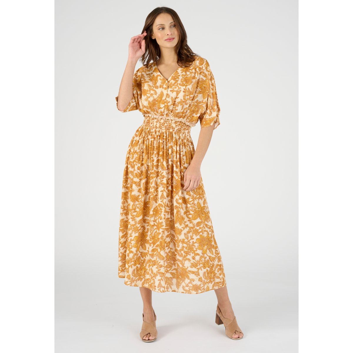 Robe longue à smocks jaune feuillage, DAMART