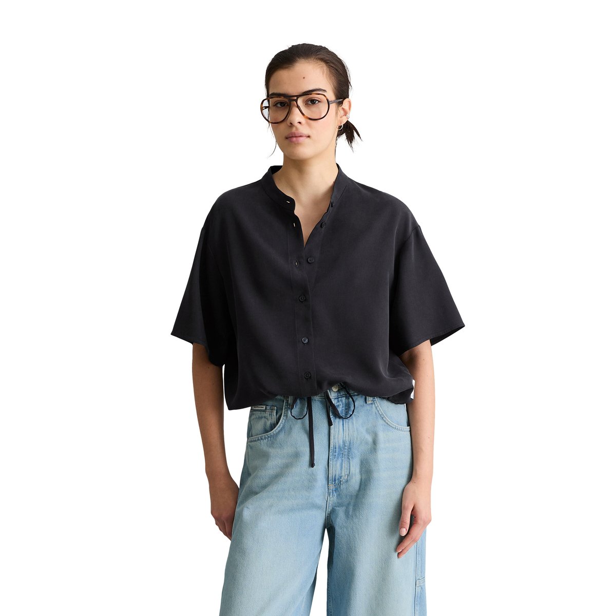 Chemisier à crop relaxed en TENCEL™ Lyocell bleu fooncé, MARC O’POLO DENIM