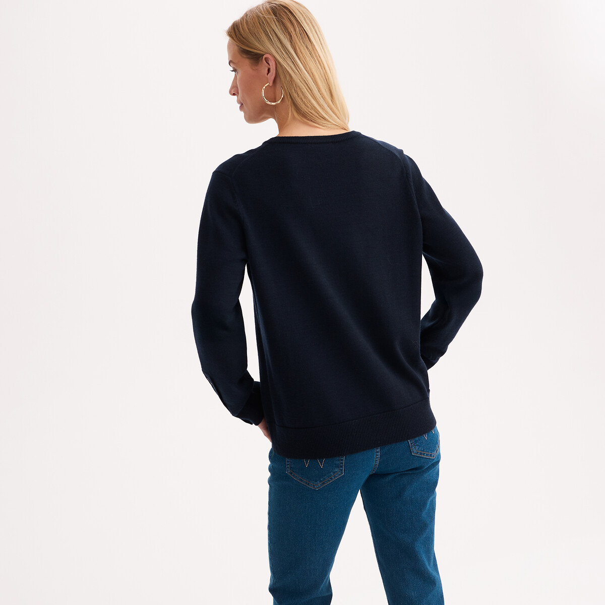 Maglione a girocollo in maglia fine, misto lana navy, ANNE WEYBURN