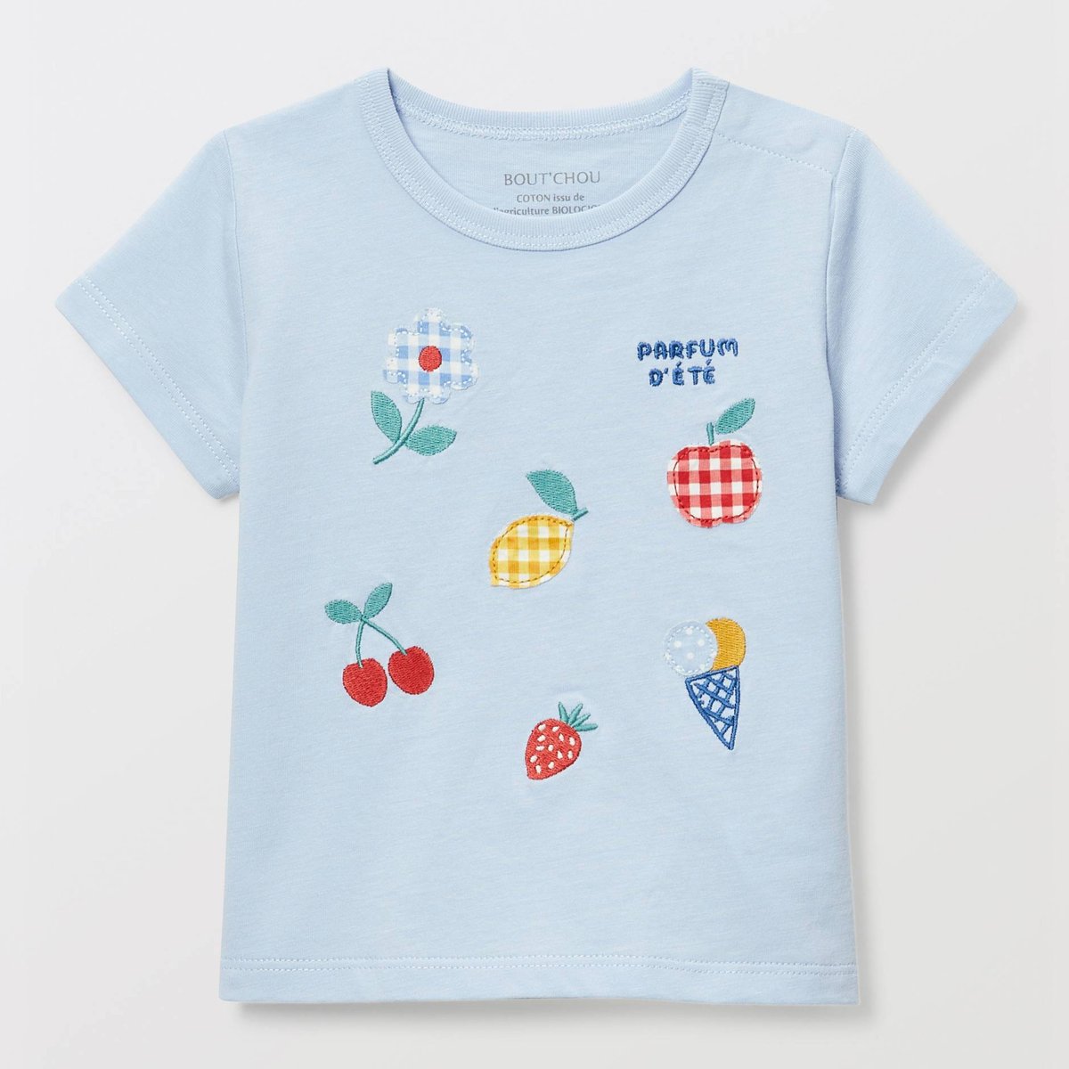 T-shirt manches courtes brodé en coton BIO GOTS celeste, BOUT'CHOU