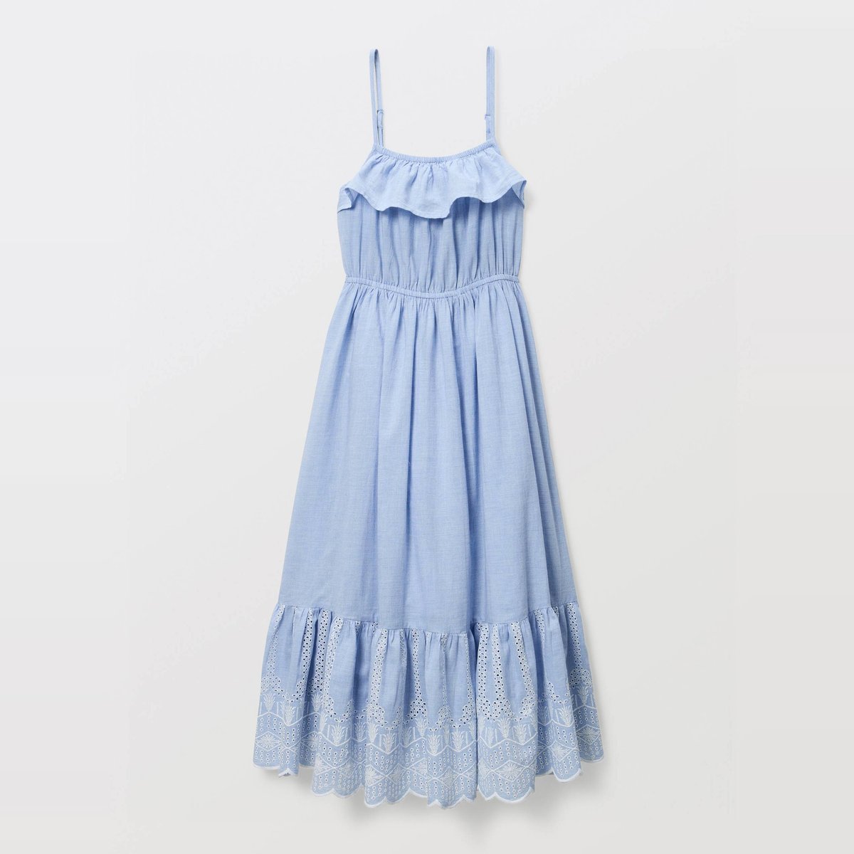 Robe longue à bretelles brodée en coton bleach denim, MONOPRIX