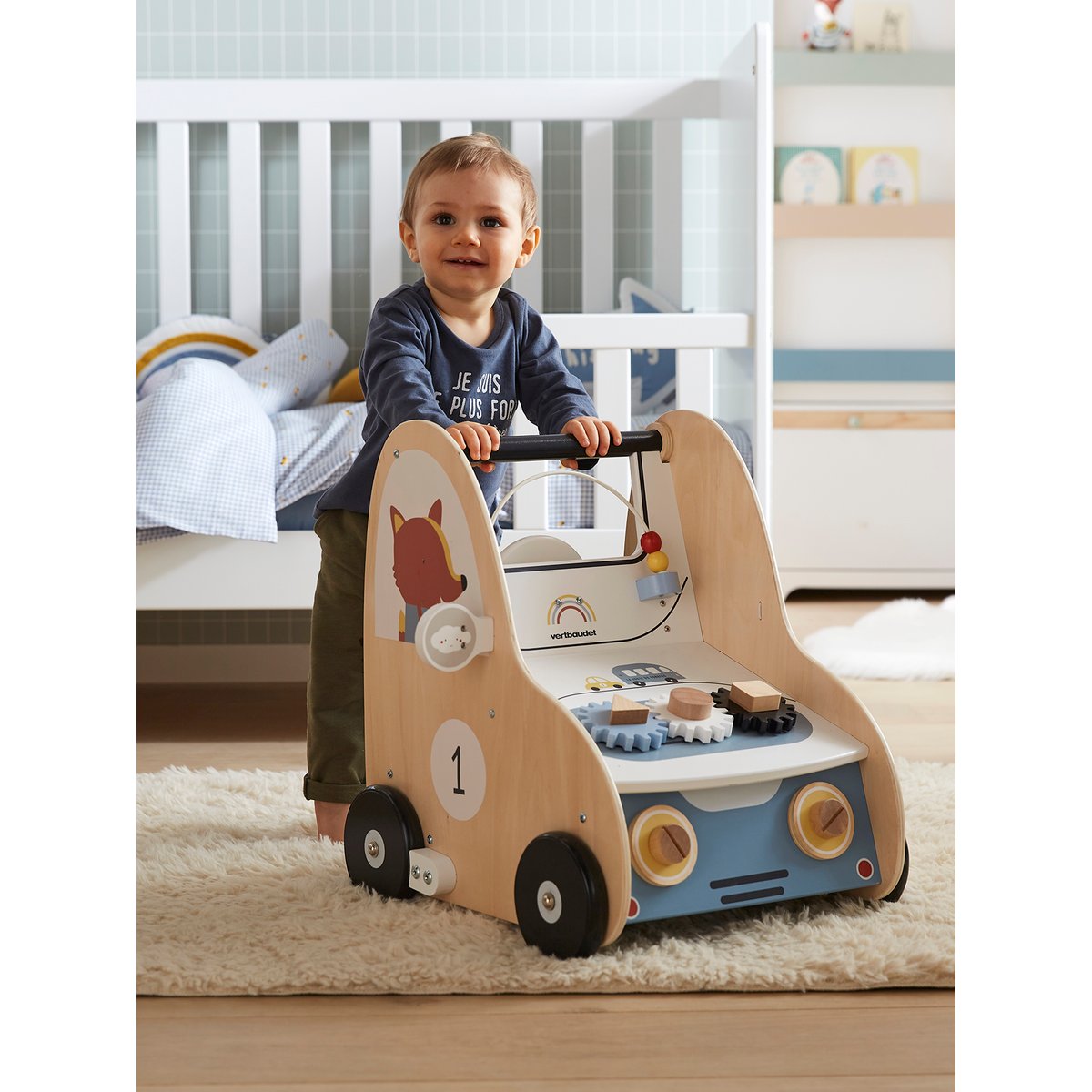 Chariot de marche avec freins EN VOITURE SIMON en bois multicolore, VERTBAUDET