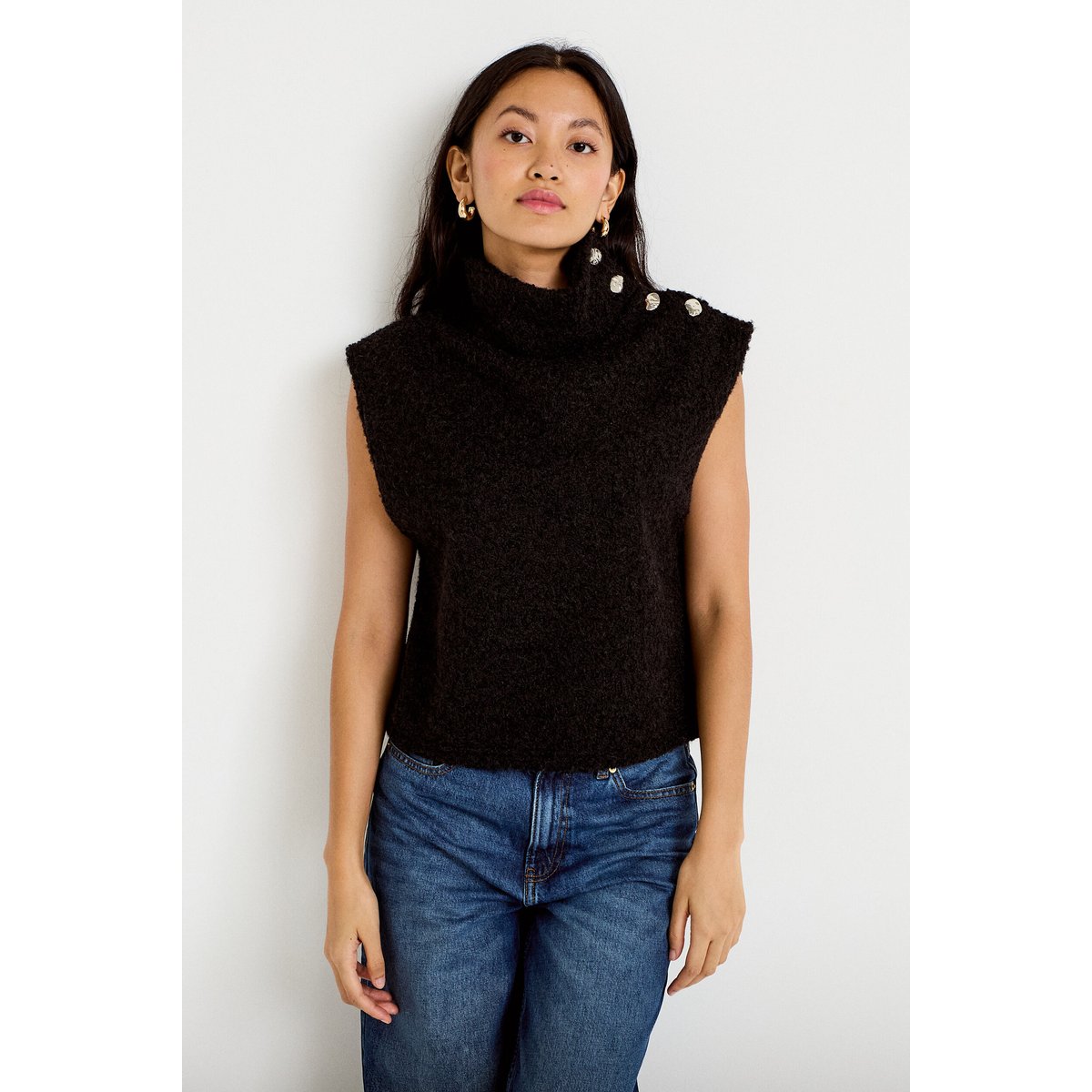 Pull droit sans manches col montant noir, CACHE CACHE
