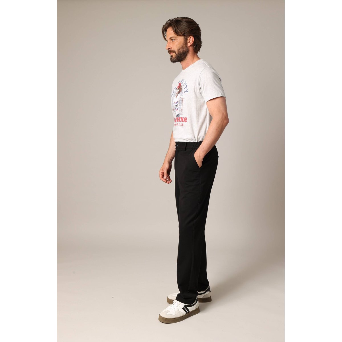 Pantalon droit en maille noire, taille élastiquée avec cordon de serrage THIAGO noir, DEELUXE
