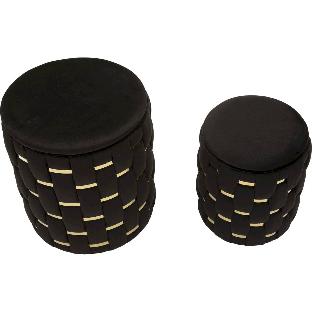 Lot de 2 poufs ronds tressés avec rangement GLAM noir et doré, RECOLLECTION