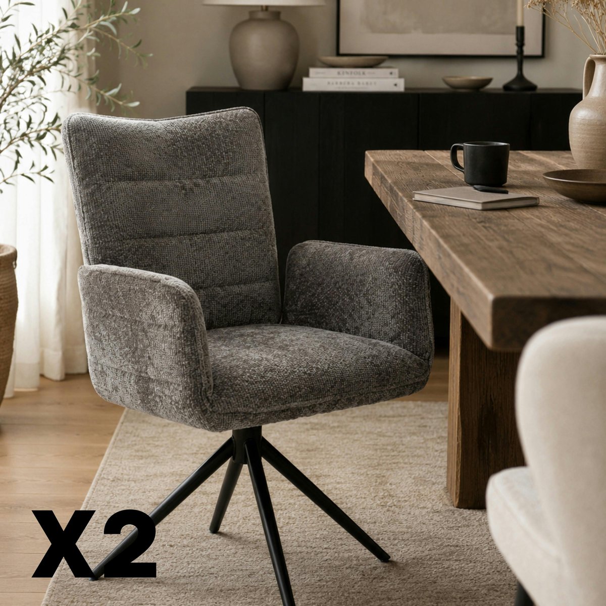 Fauteuil de table en tissu texturé (lot de 2) RIVANO anthracite, PIER IMPORT
