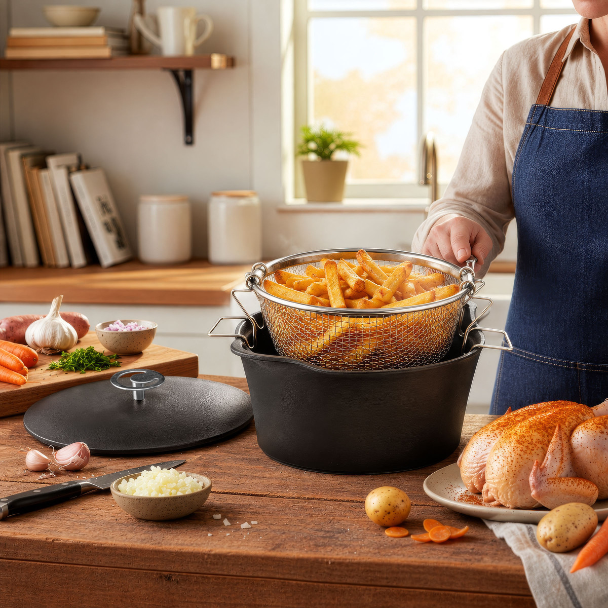 Cocotte ronde 24 cm avec panier cuisson pour friture eau - VOLCAN noir, CUISINOX