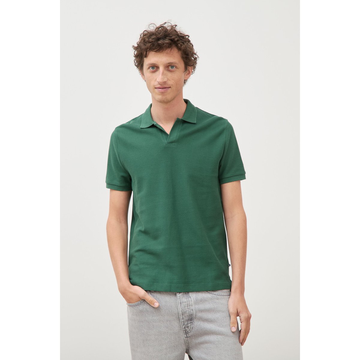 Polo cintré manches courtes en coton vert, BONOBO