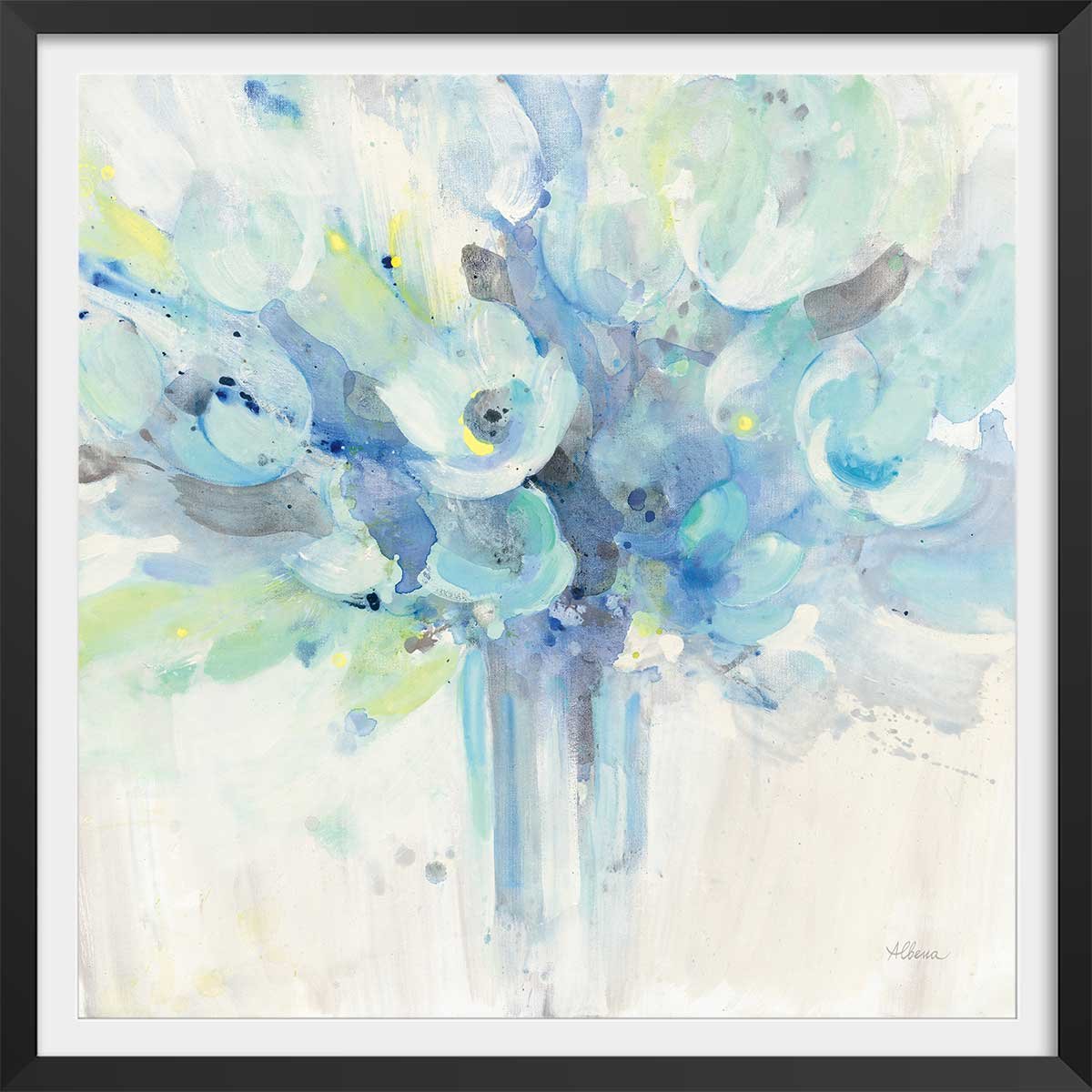 Affiche Aquarelle bouquet bleu affiche + cadre en bois - noir, HEXOA