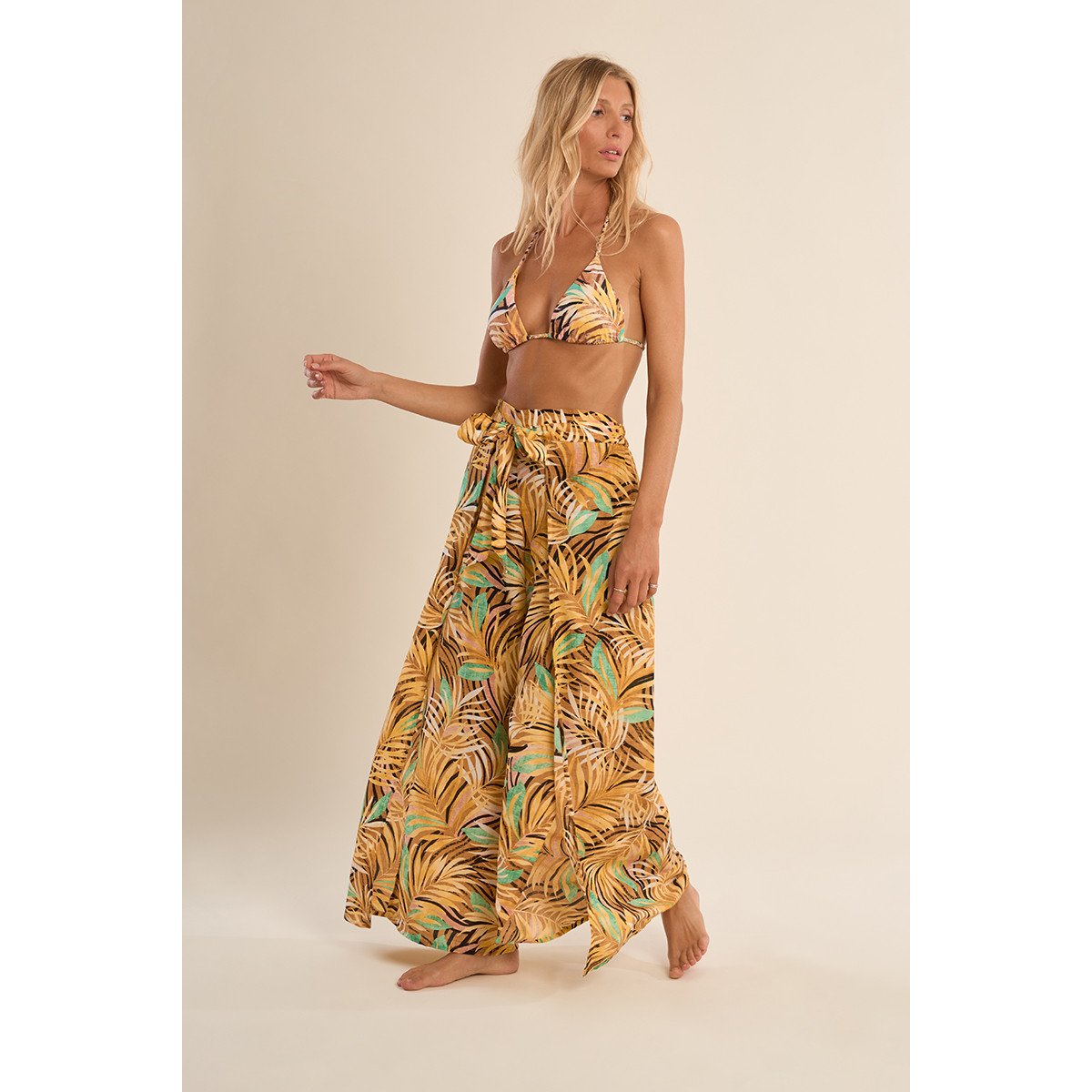 Pantalon large imprimé et ceinture à nouer yellow claudia, MOLLY BRACKEN