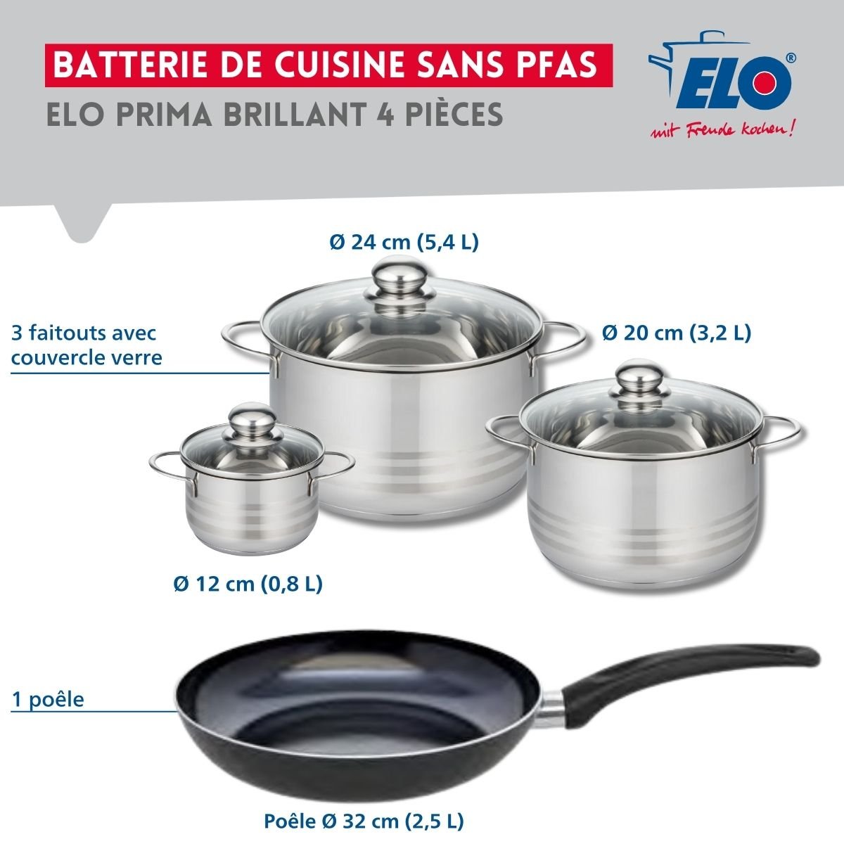 Batterie 1 poêle 32cm + 3 faitouts 12/20/24cm PRIMA BRILLANT noir, ELO