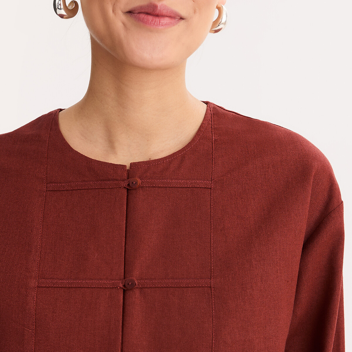 Veste droite col rond en lin et viscose marron rougi, ANNE WEYBURN