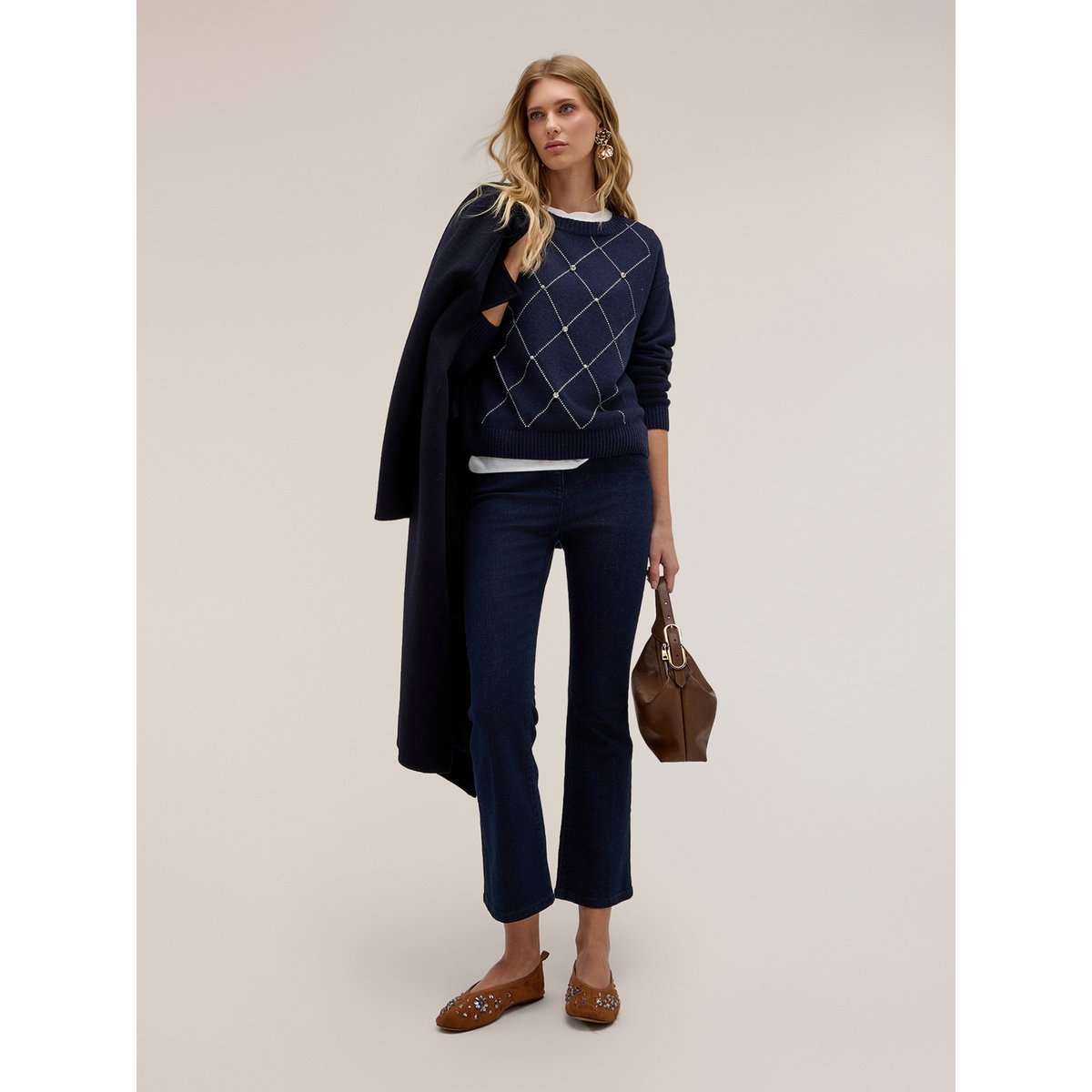 Pull en maille à losanges avec strass bleu, MOTIVI