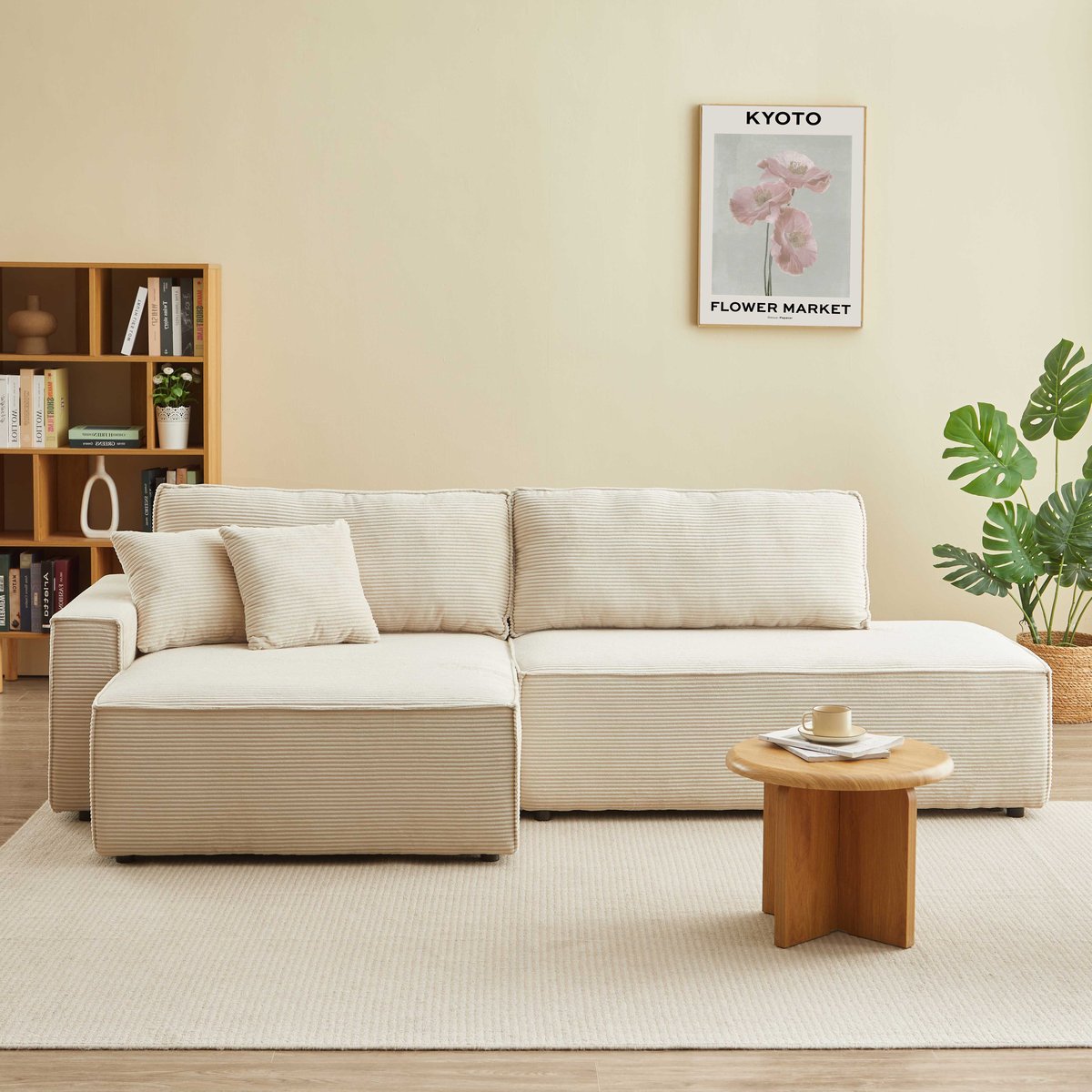 Canapé d'angle gauche convertible velours ZOLA beige, BAÏTA