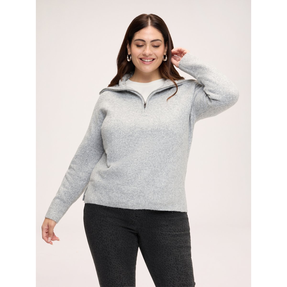 Pull avec col et appliqués brillants gris, FIORELLA RUBINO