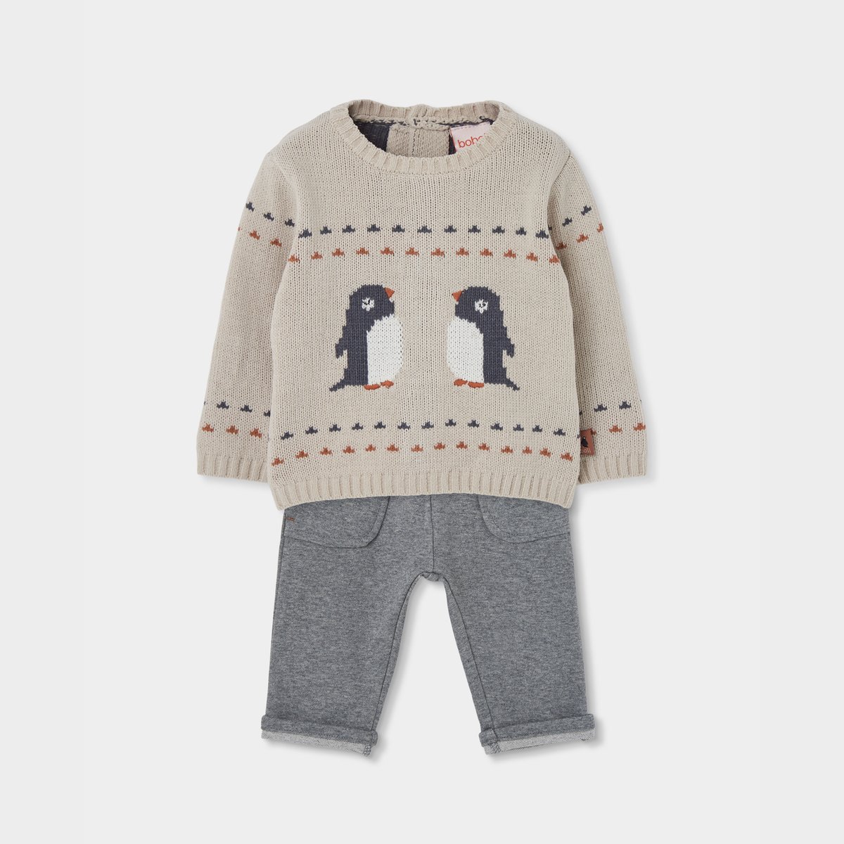 Ensemble bébé garçon en maille avec pingouins beige, BOBOLI
