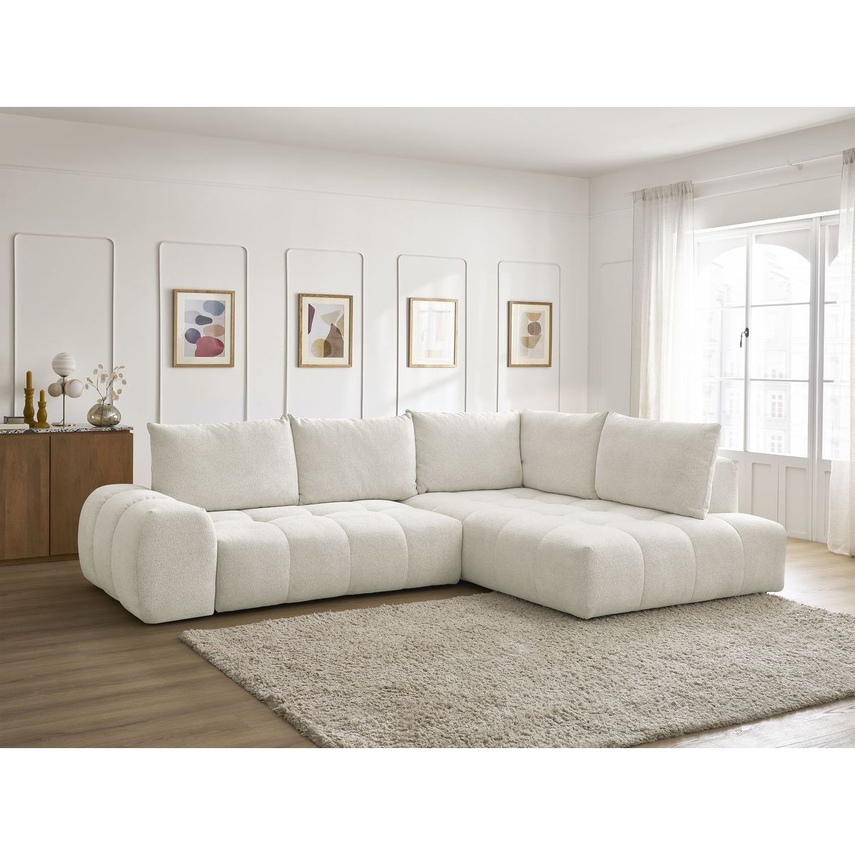 Canapé d'angle convertible 3 places en tissu chiné, EVEREST blanc, BOBOCHIC