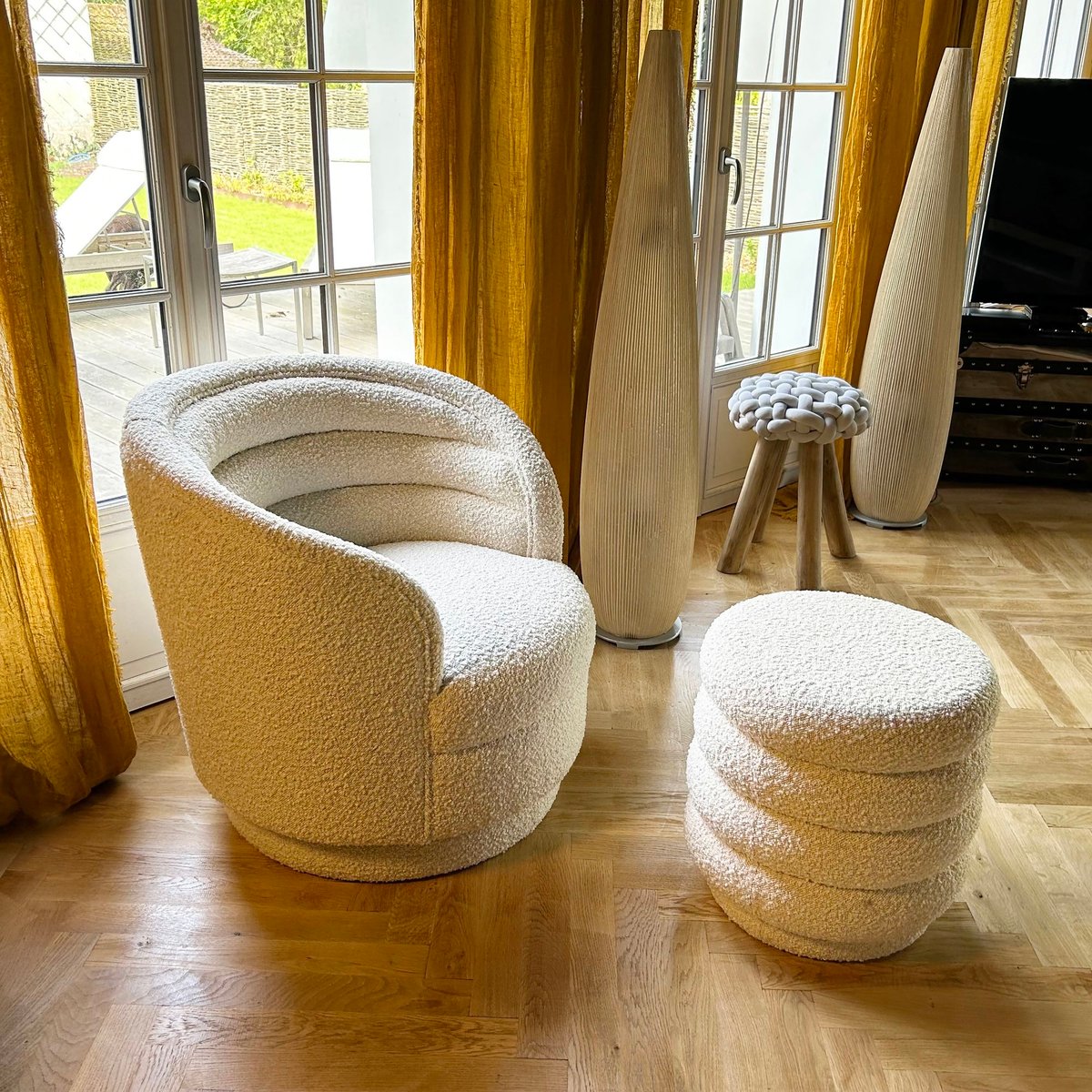 Pouf tissu en bouclette, LINUS beige, NOW'S HOME