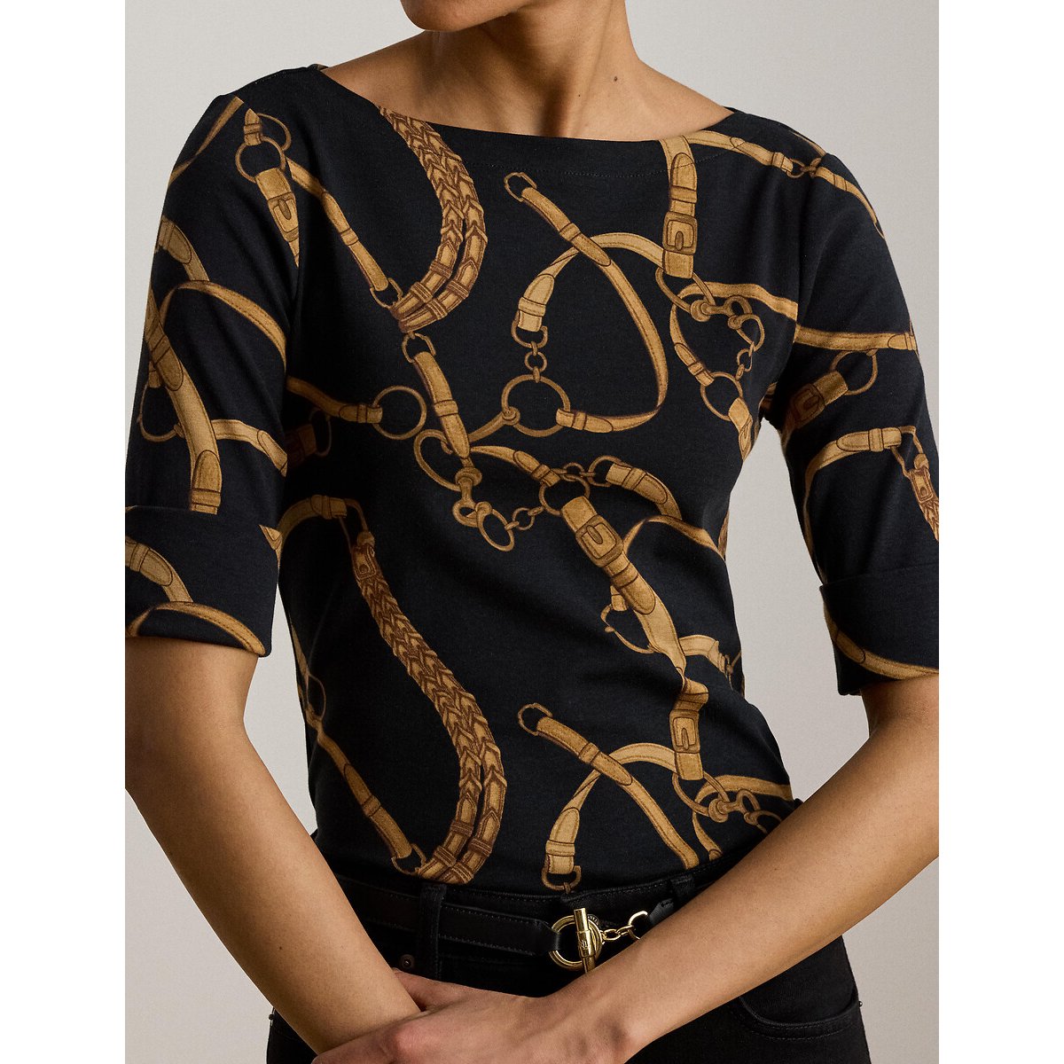 T-shirt manches courtes col bateau imprimé brides noir/marron, LAUREN RALPH LAUREN