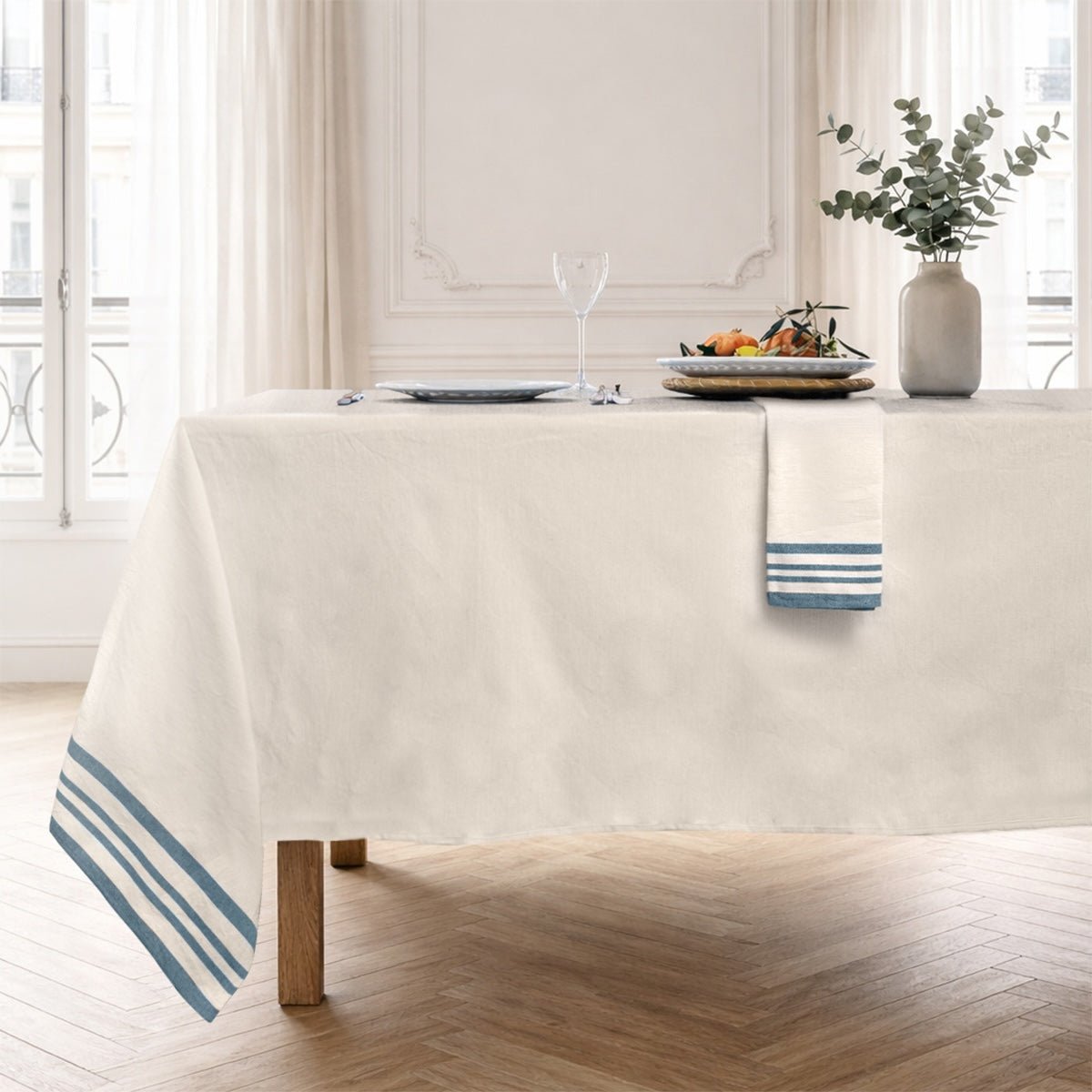 Nappe + 10 serviettes coton GUETARY beige lin / bleu pétrole, FEBRONIE
