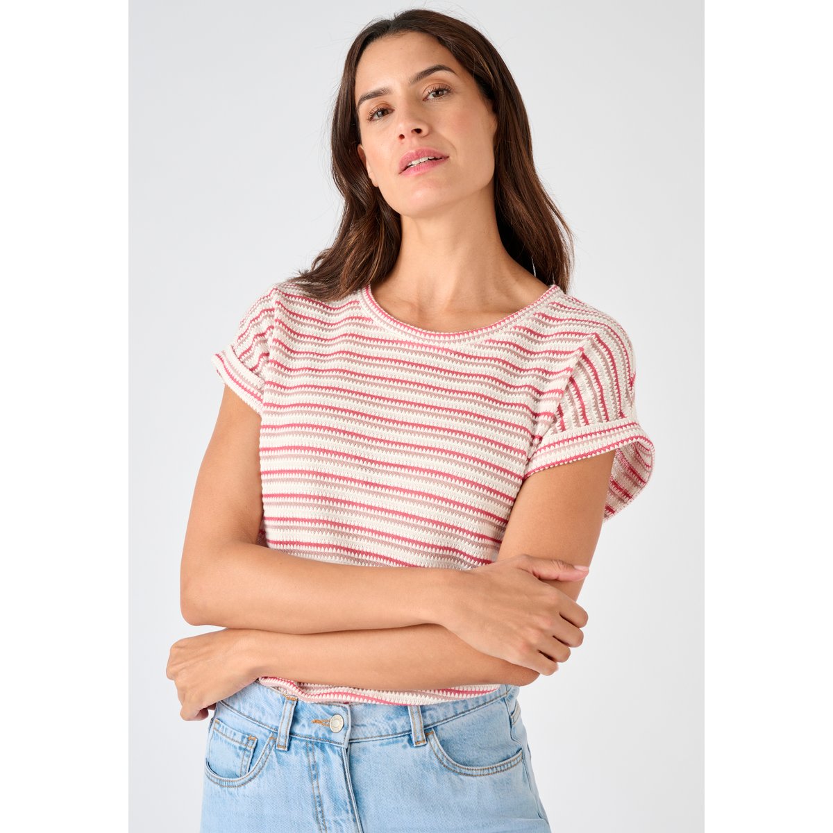 T-shirt maille jacquard rayée rose rayé, DAMART
