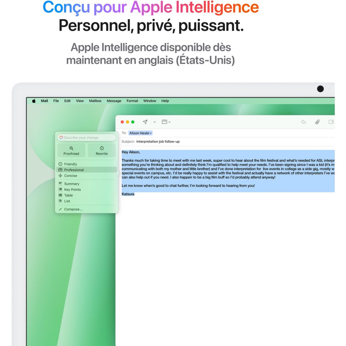 Ordinateur Apple 24" Ecran Retina 4,5K Puce M4 CPU 10 / GPU 10 coeurs Mémoire RAM 24Go Stockage 512Go SSD Vert couleur unique, APPLE