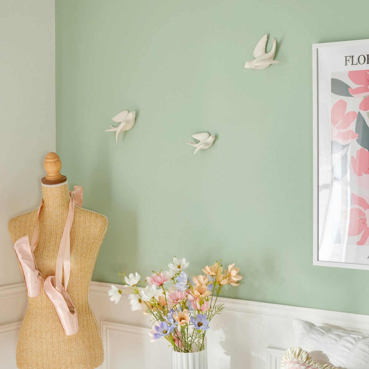 Lot de 3 décorations murales oiseaux en dolomite FLEUR DE ROSE blanc, ATMOSPHERA