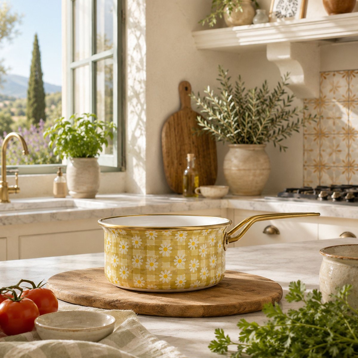 Casserole 18cm en acier émaillé, DAISY blanc-jaune, MENASTYL